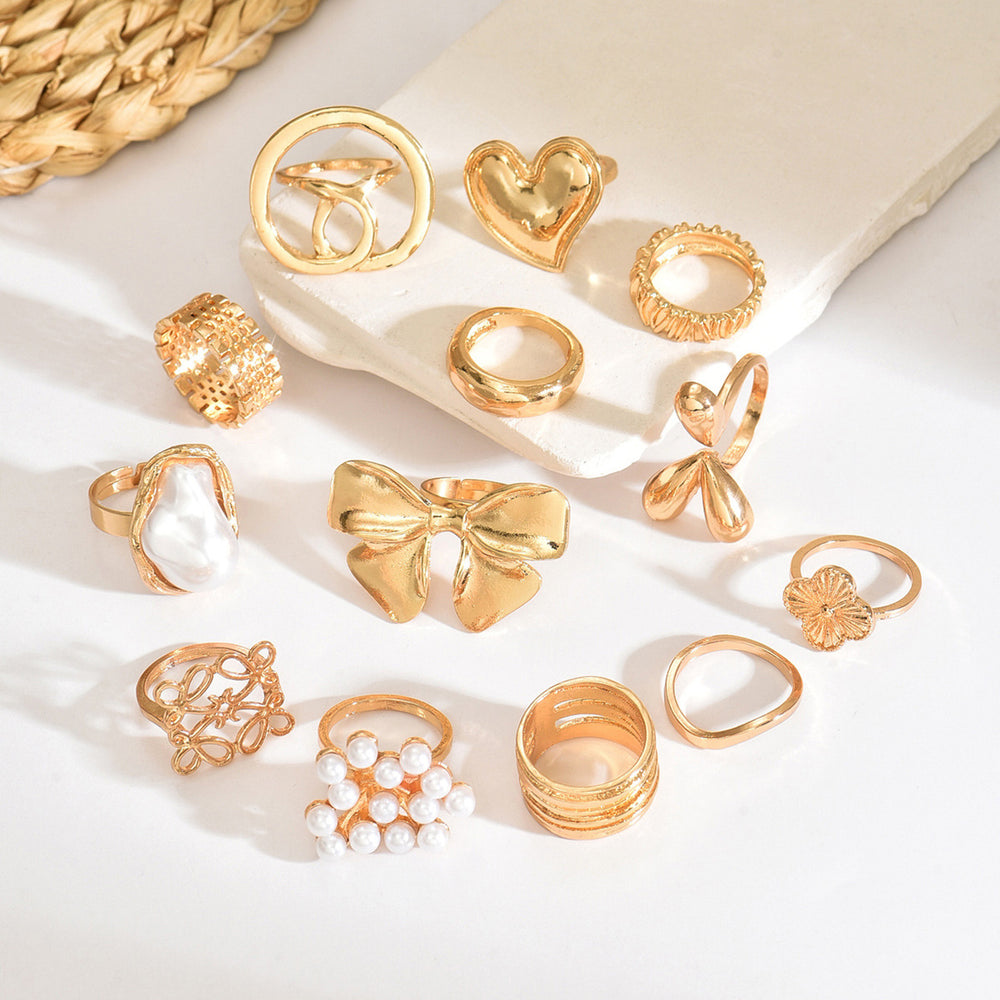Women's ring set wholesale - european & american cross-border faux pearl jewelry - vintage, light luxury, high-end heart & bowknot finger rings