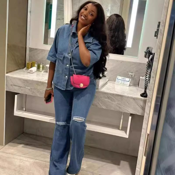 European and American women's denim jacket fashion and leisure personality ripped beggar jeans trousers suit women