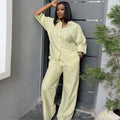 European and american cross-border women's clothing  summer new arrival: elegant and stylish turn-down collar loose striped shirt and wide-leg pants set