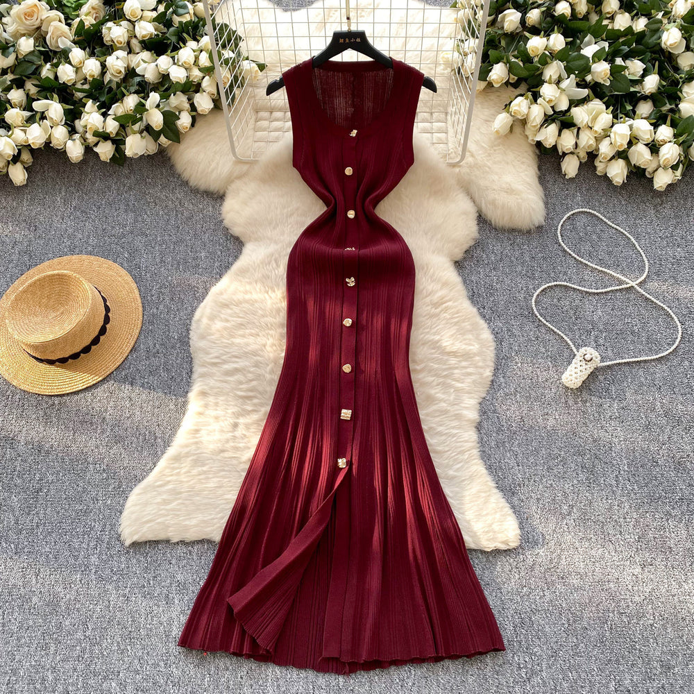 Xiaoxiangfengclassy round neck sleeveless knittingdress women's silmslimming look metal button tight hip-hugging long skirt