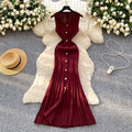 Xiaoxiangfengclassy round neck sleeveless knittingdress women's silmslimming look metal button tight hip-hugging long skirt