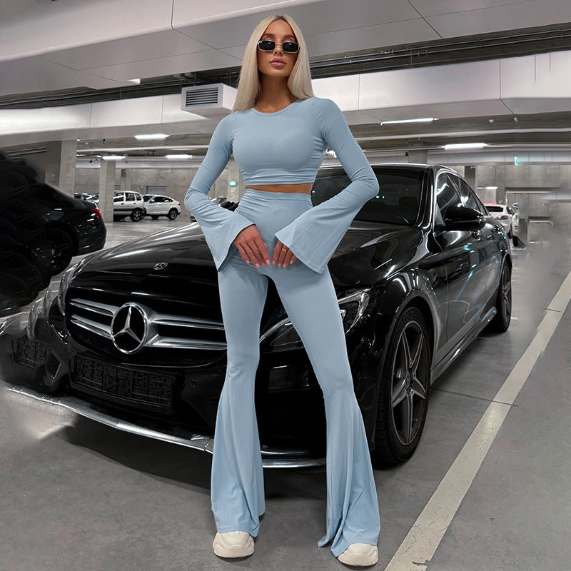 European and american cross-border women's fashion:  autumn new collection - solid color crew neck flared long sleeve top and skinny flare pants two-piece set
