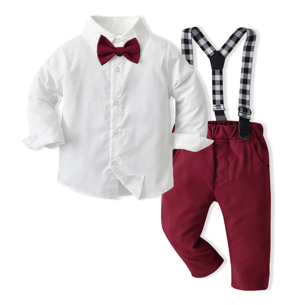 K-style children's clothing kidssuitlong sleevesshirt suspender two-piece set 61 spring & fallnew arrivalboys' first birthday dress