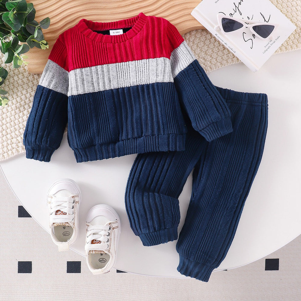 Children's clothing tops+pants suit baby long sleeves color matching tops+pure color pants