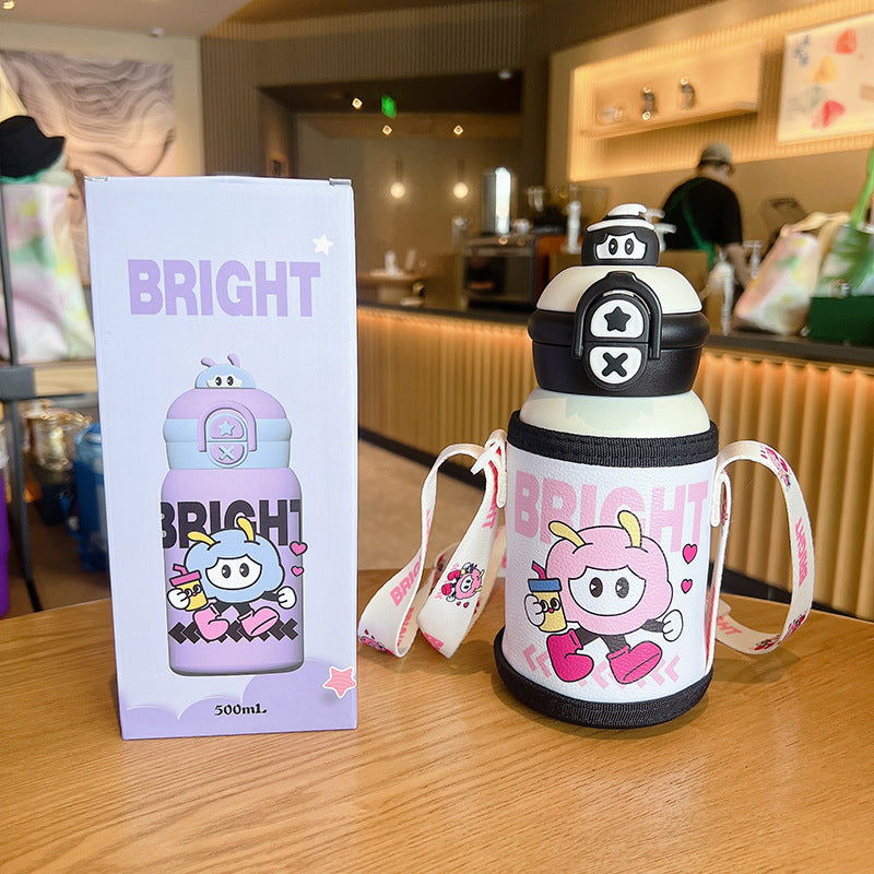 Double-drink kids' thermos cup - 316 stainless steel, food-grade, cute cartoon design, student straw cup