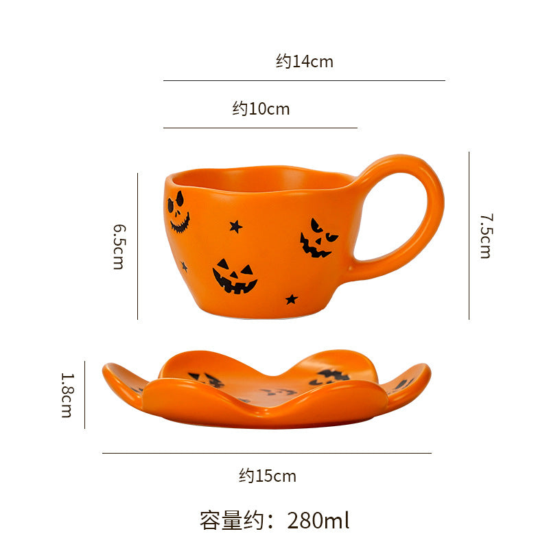 Creative halloween-themed ceramic cup and saucer set, featuring an irregular design with pumpkin and bat motifs. perfect for coffee or tea