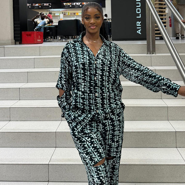 African women's clothing fashion printing trend casual shirt large size wide leg trousers European and American simple and generous two-piece set women