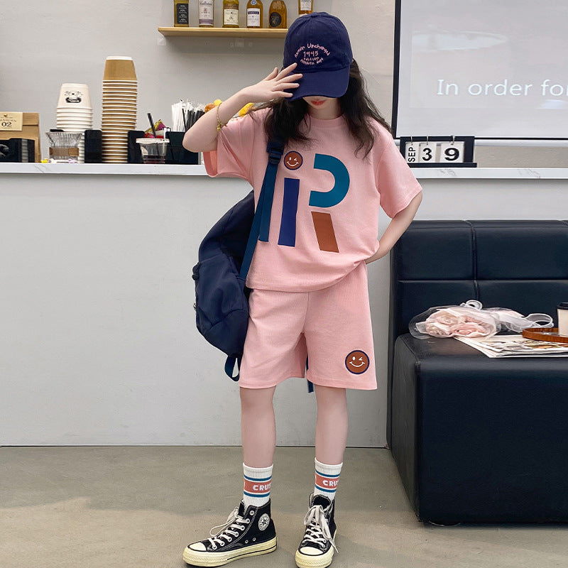 Girls' summer loose-fit short sleeve & shorts two-piece set -  new korean style girls' activewear top & shorts outfit