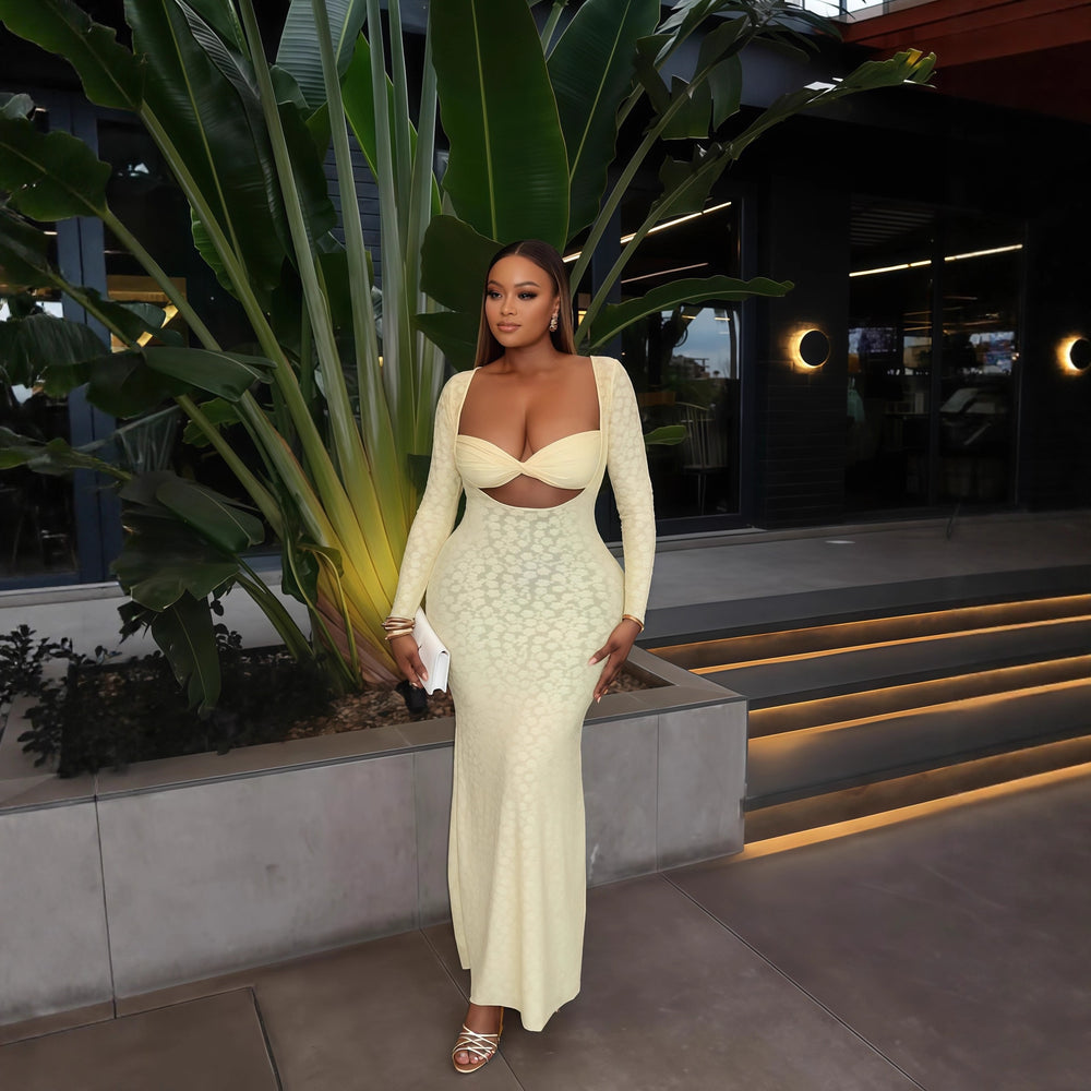 European and american cross-border women's fashion:  autumn new collection - solid color long sleeve bandeau bodycon elegant maxi slip dress