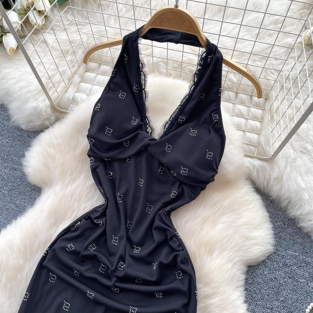 Elegant black v-neck halter dress - women's summer korean style hotfix rhinestone waist slimming maxi dress - high-end