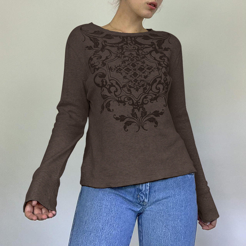 autumn new european and american fashion women's printed waffle knit crew neck pullover casual base layer top