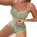 European and american hot-selling sexy women's loungewear: ribbed knit lace trim cami top with striped tie shorts - cross-border wholesale