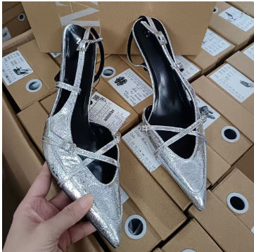 Za manufacturer 2024 summer export criss-cross buckle strap pointed toe high heel sandals british style mule women's shoes