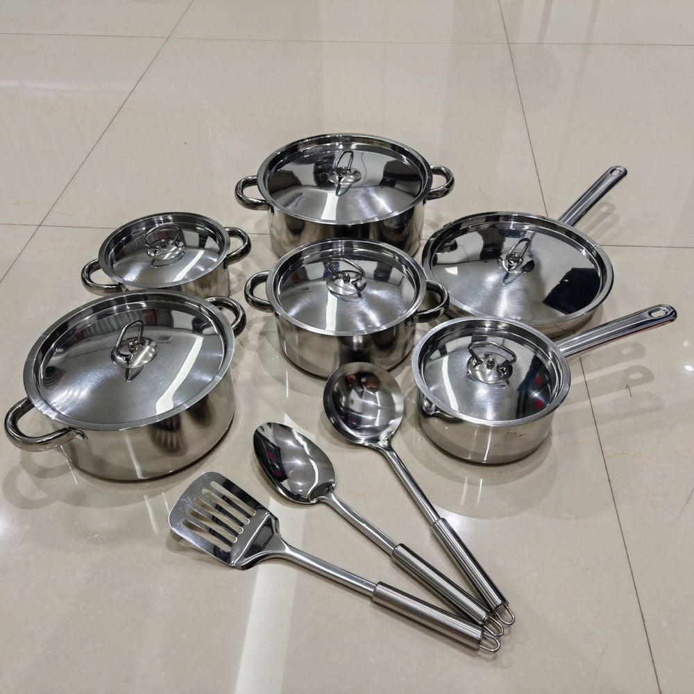 Wholesale cross-border stainless steel pot set thickened double bottom milk pot frying pan soup pot fifteen-piece set foreign trade gift