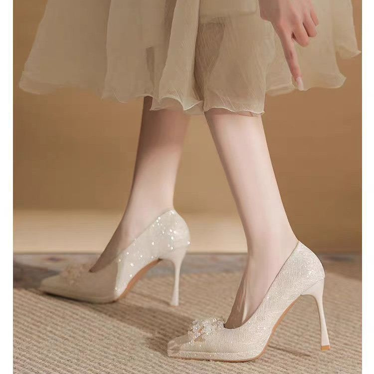 French crystal sequin wedding shoes high heels 2025 new pointed toe platform wedding shoes bridal stiletto pumps