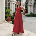 Export cross-border  summernew arrival women's pure colorv neckelegantbacklesstie back waist large swing dress for women