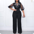 D3183 women's foreign trade summer  short-sleeve puff sleeve beaded sexy wide-leg cinched waist plus size cross-border jumpsuit