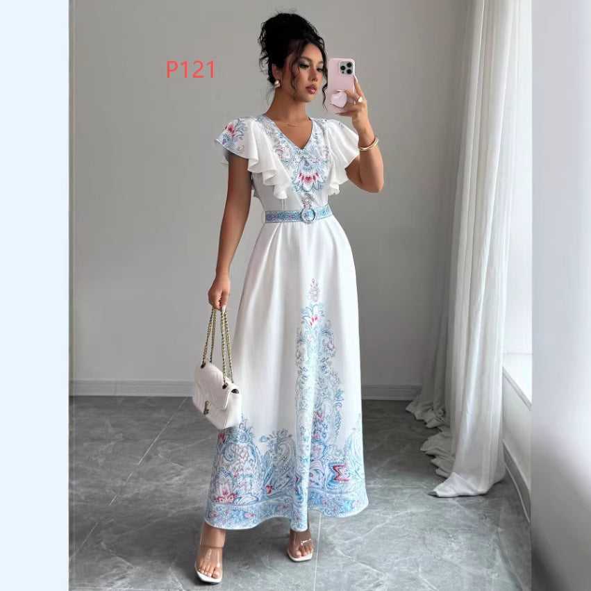 spring/summer court style stand collar double-breasted lantern sleeve printed maxi dress with lace trim