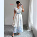 spring/summer court style stand collar double-breasted lantern sleeve printed maxi dress with lace trim