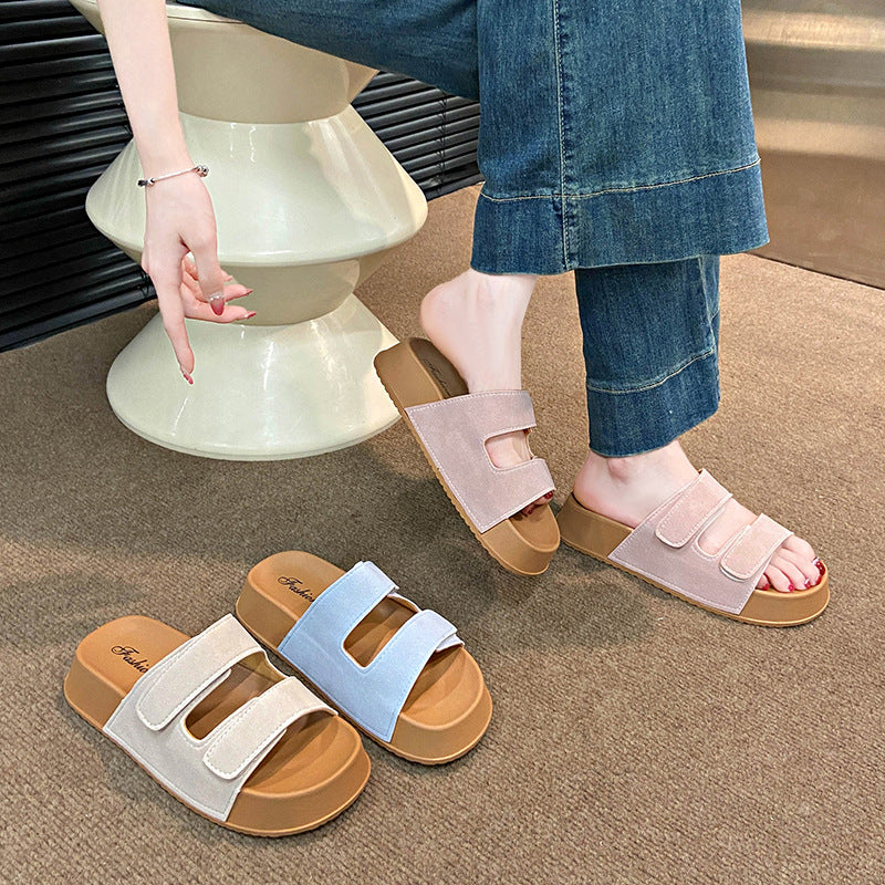 Korean style casual one-strap hook-and-loop birkenstock sandals women's summer outdoor new thick sole soft beach slippers