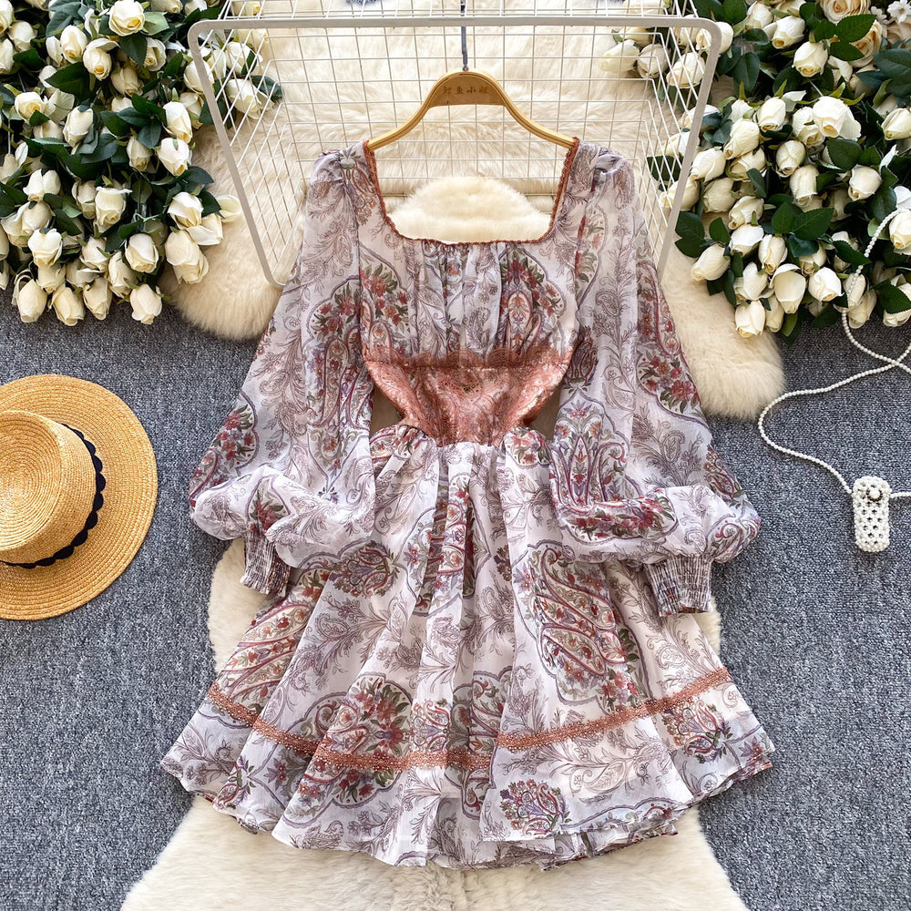 K-style lantern sleeve square collar printingdress women's summer waist small silm type a-line skirt work clothing short skirt
