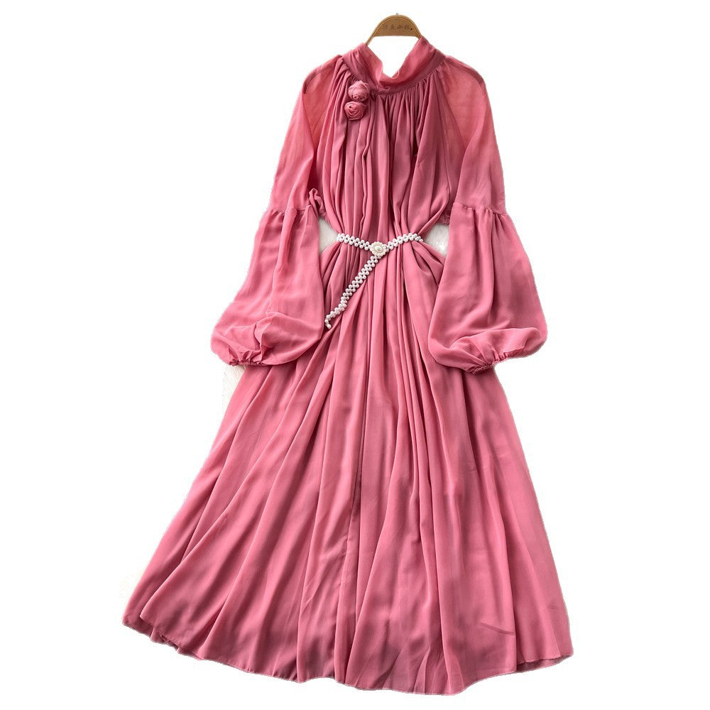 French heavy industry lantern sleeve silm dress for women k-style purple tie back waist a-line long skirt work clothingelegant