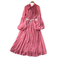 French heavy industry lantern sleeve silm dress for women k-style purple tie back waist a-line long skirt work clothingelegant