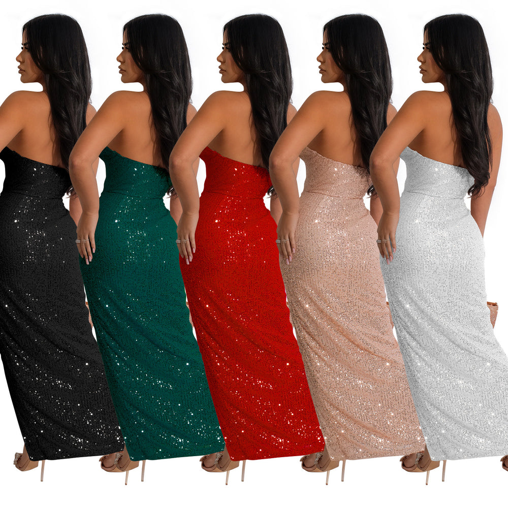 C6782 cross-border   fashion women's solid color sexy sequin backless maxi dress