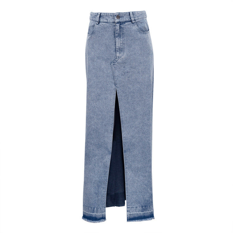 Xintang denim skirt new arrival cross-border washed slit denim skirt washed raw edge denim skirt
