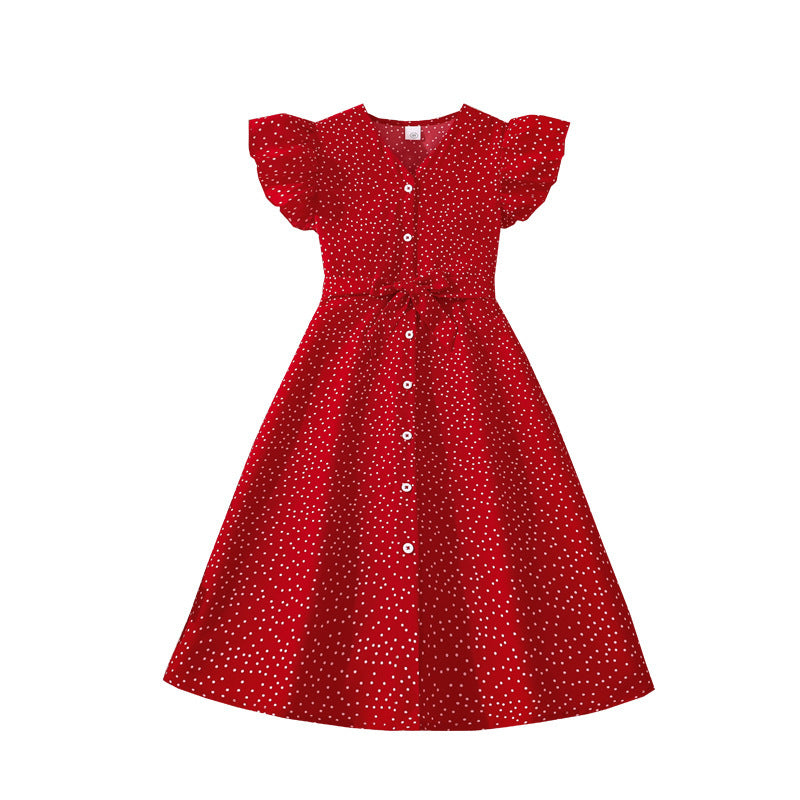 girls' spring/summer new arrivals: -style, elegant, casual polka dot print, flutter sleeve, cinched waist dress
