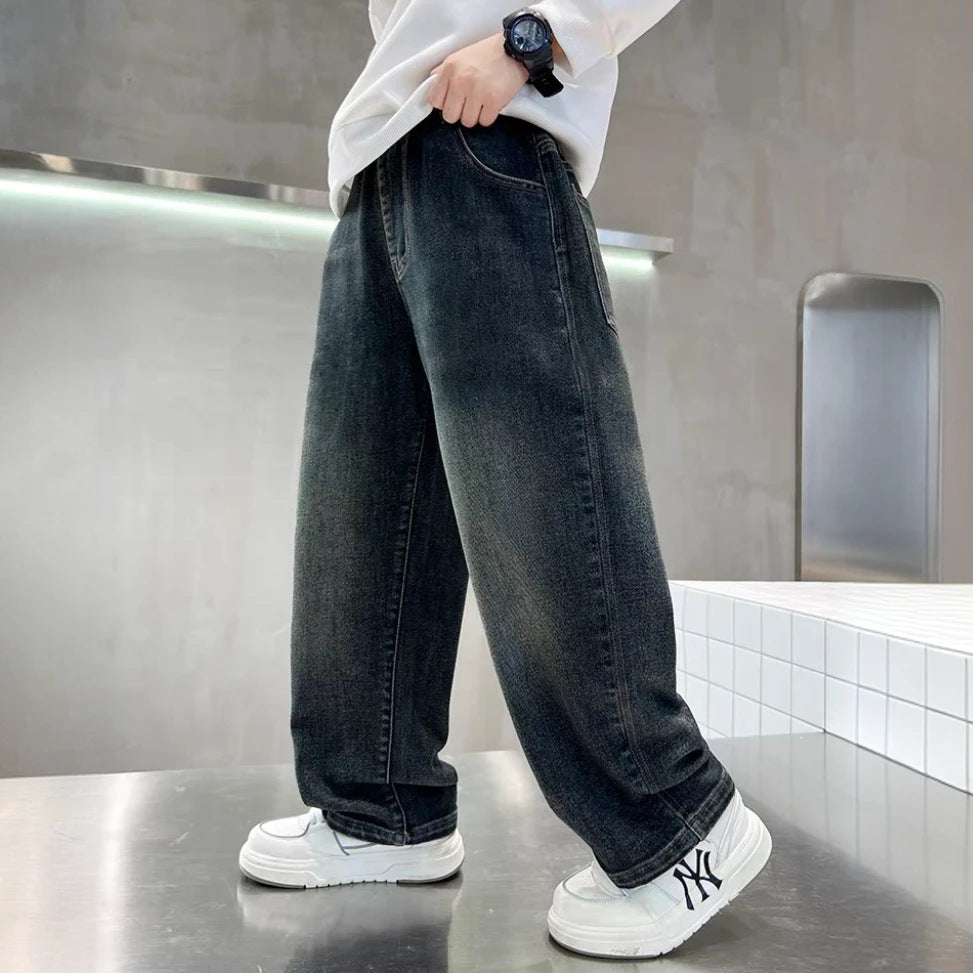 Kids' jeans: new autumn/winter casual, versatile, washed denim, loose fit, korean style, trendy spring/autumn boys' pants for mid-to-large children