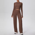 New arrival: solid color double-sided brushed fleece zip-up jacket & wide-leg yoga pants set - perfect for running, fitness, and activewear