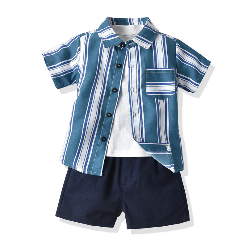 Korean style boys' summer outfit: new cotton short-sleeve shirt and shorts three-piece set - kids' casual wear