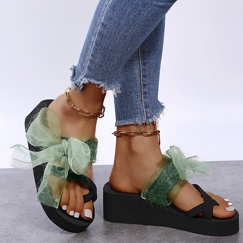 Ready-to-ship wish 2024 summer new european and american style foreign trade bowknot platform flat wide band beach sandals and slippers