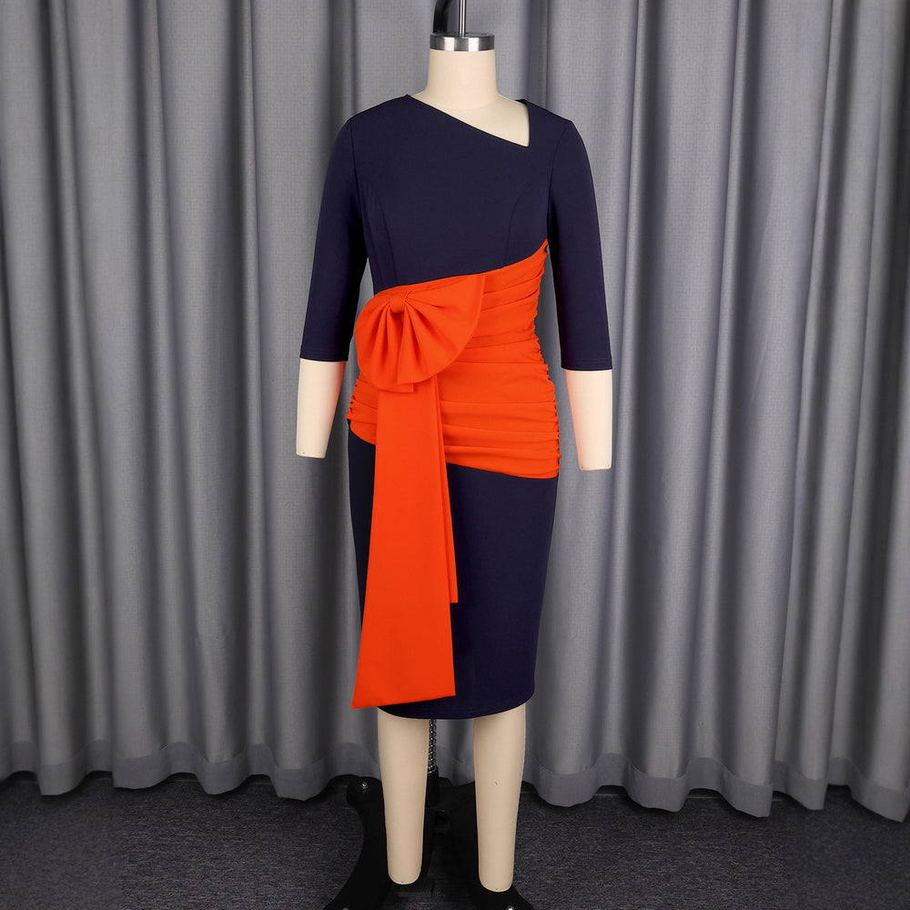 Slant collar contrast colorpatchwork party dress, mid-sleeve waist, asymmetrical pleated bowsilm hip skirt