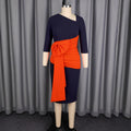 Slant collar contrast colorpatchwork party dress, mid-sleeve waist, asymmetrical pleated bowsilm hip skirt