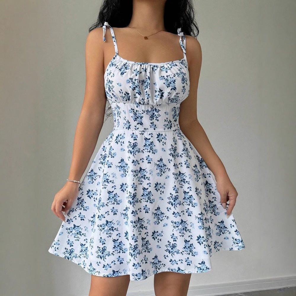 summer new arrival: cross-border european & american style floral print cami mini dress - square neck, soft & feminine