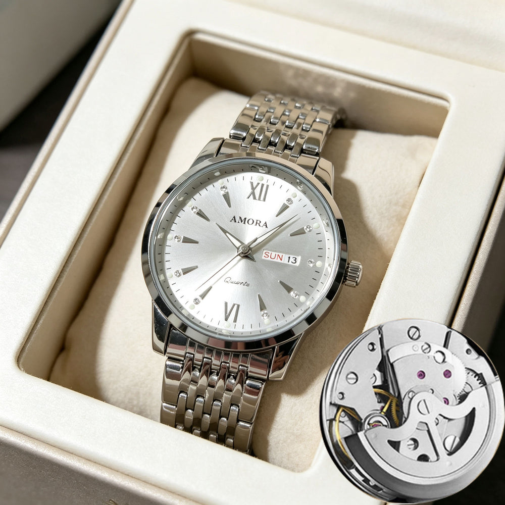men's watch - hollow-out, waterproof, trendy luminous, dual calendar, stainless steel band quartz watch - business style for men