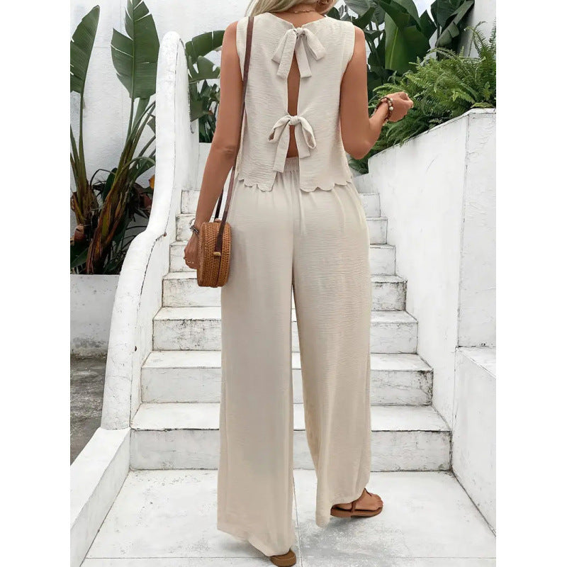 Shipped:  independent station fashion cross-border sexy casual pants see-through vacation style trousers hollow-out two-piece set