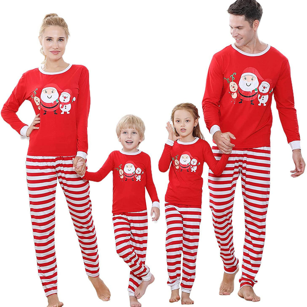 Ready-to-ship  cotton christmas pajamas - european & american style reindeer solid color print long sleeve family matching set
