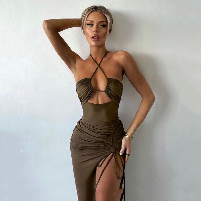 european and american women's clothing  spring new style halter neck maxi dress sexy backless slit drawstring bodycon dress