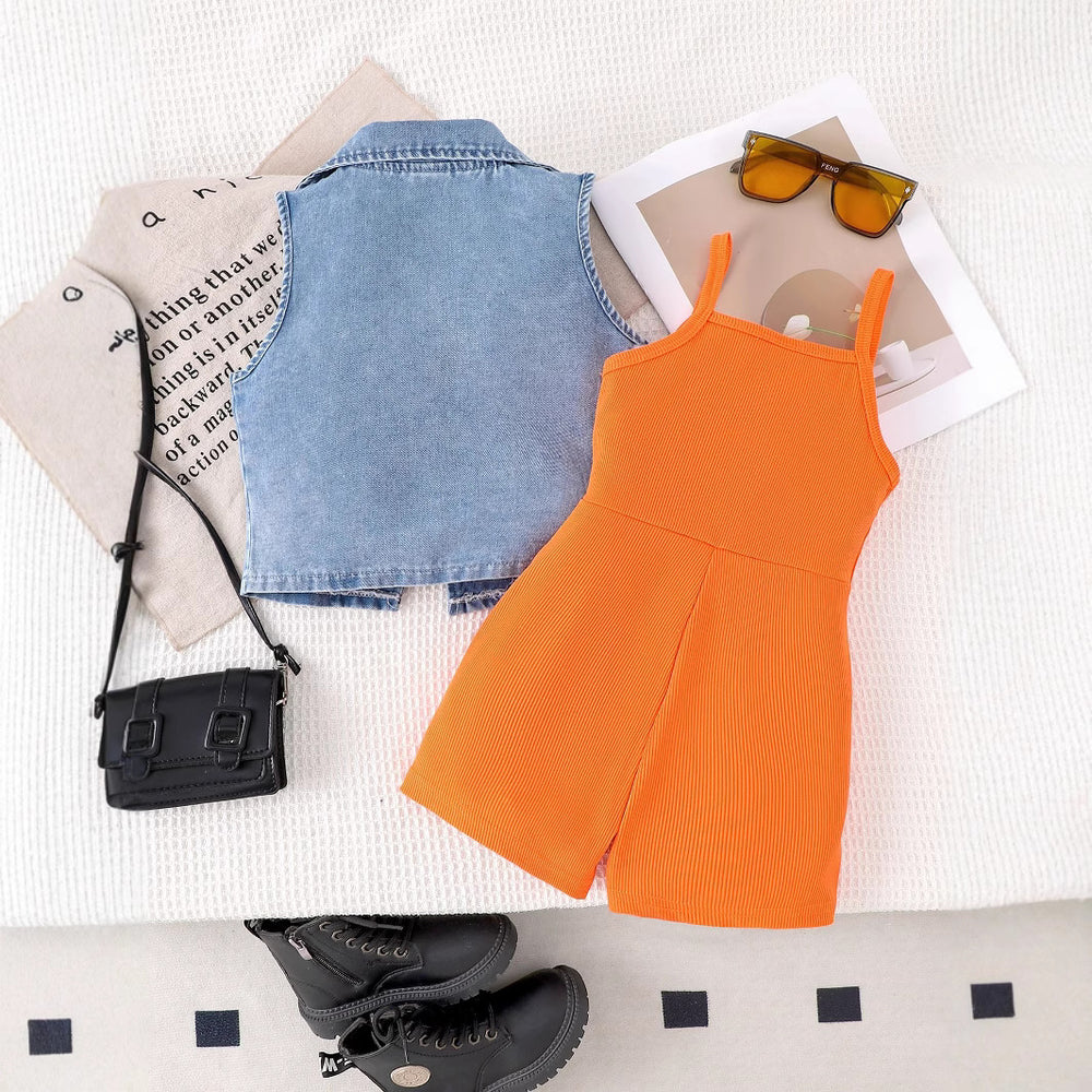 new arrivalsummergirl lapel denim vest matchingpure color suspender one-piece shortstwo-piece setsuit