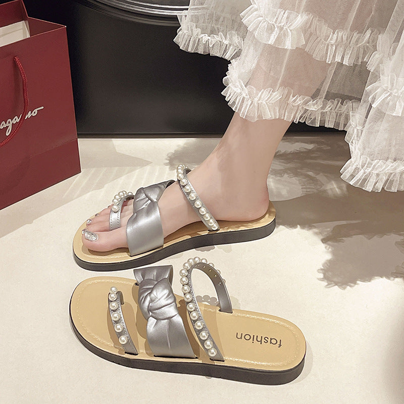 2025 beach new pearl french style sandals women's outdoor wear fairy style summer fashion versatile one-strap slippers women