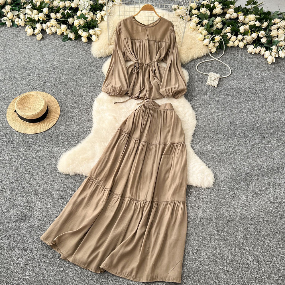 Gentle wind age-reducing suit women's springfrench strap waist round neck long sleevesshirt + high waistdraped skirt