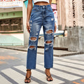 Wishfashion cross-border women's clothing  independent station new versatile washed hole straight-leg denim cropped pants trendy