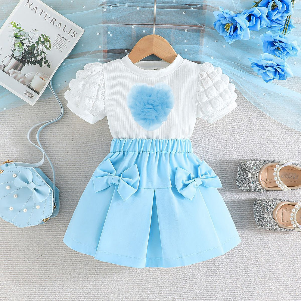 new european and american style girls' bubble sleeve top with heart-shaped bowknot skirt set - fashionable outfit