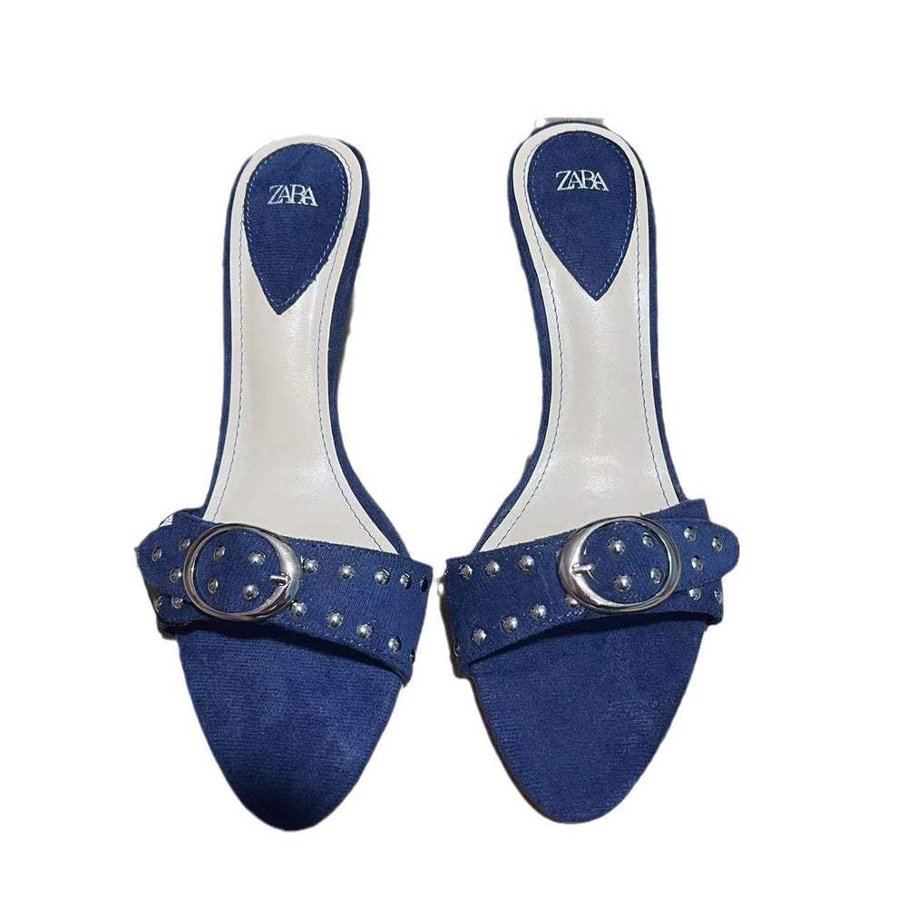 Za2024autumnew arrivalwhite bottom blue pointed toe fashion women's shoes one-shaped buckle daily easiest for match sandals women