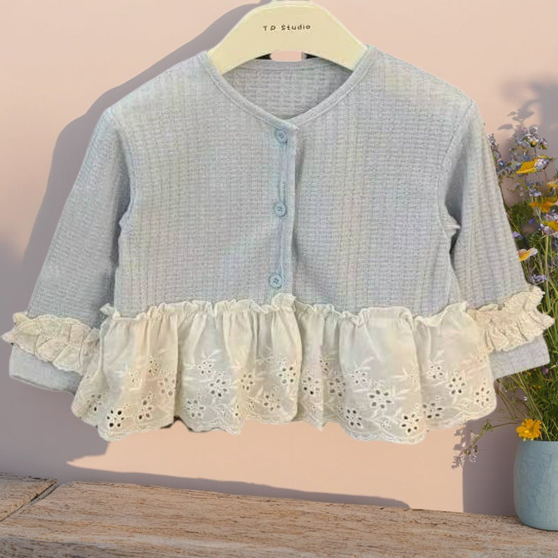 Girls' outfit set  korean style spring new long-sleeved cardigan with lace trim and floral detail, underwear top for toddlers and young children, spring apparel