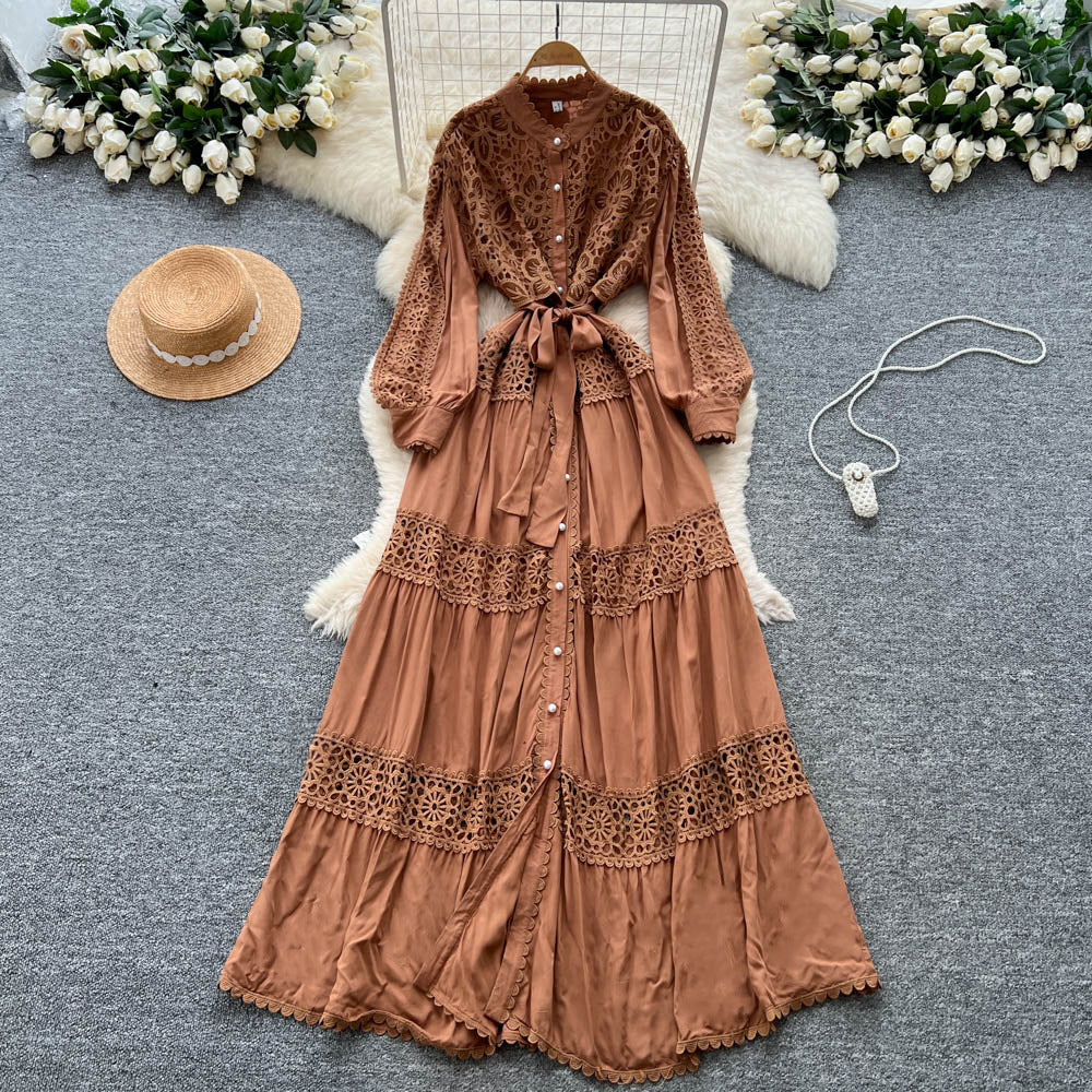 French retro court style heavy embroidered hollow-out lace patchwork tie-waist single-breasted elegant long dress for women