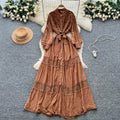French retro court style heavy embroidered hollow-out lace patchwork tie-waist single-breasted elegant long dress for women